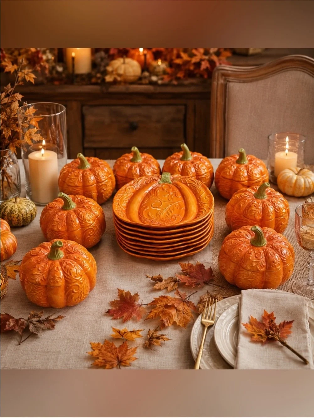 Pier 1 Pumpkin Dinnerware Set for 4 | 4 Pumpkin Soup Tureens w/ Lids + 4 Plate